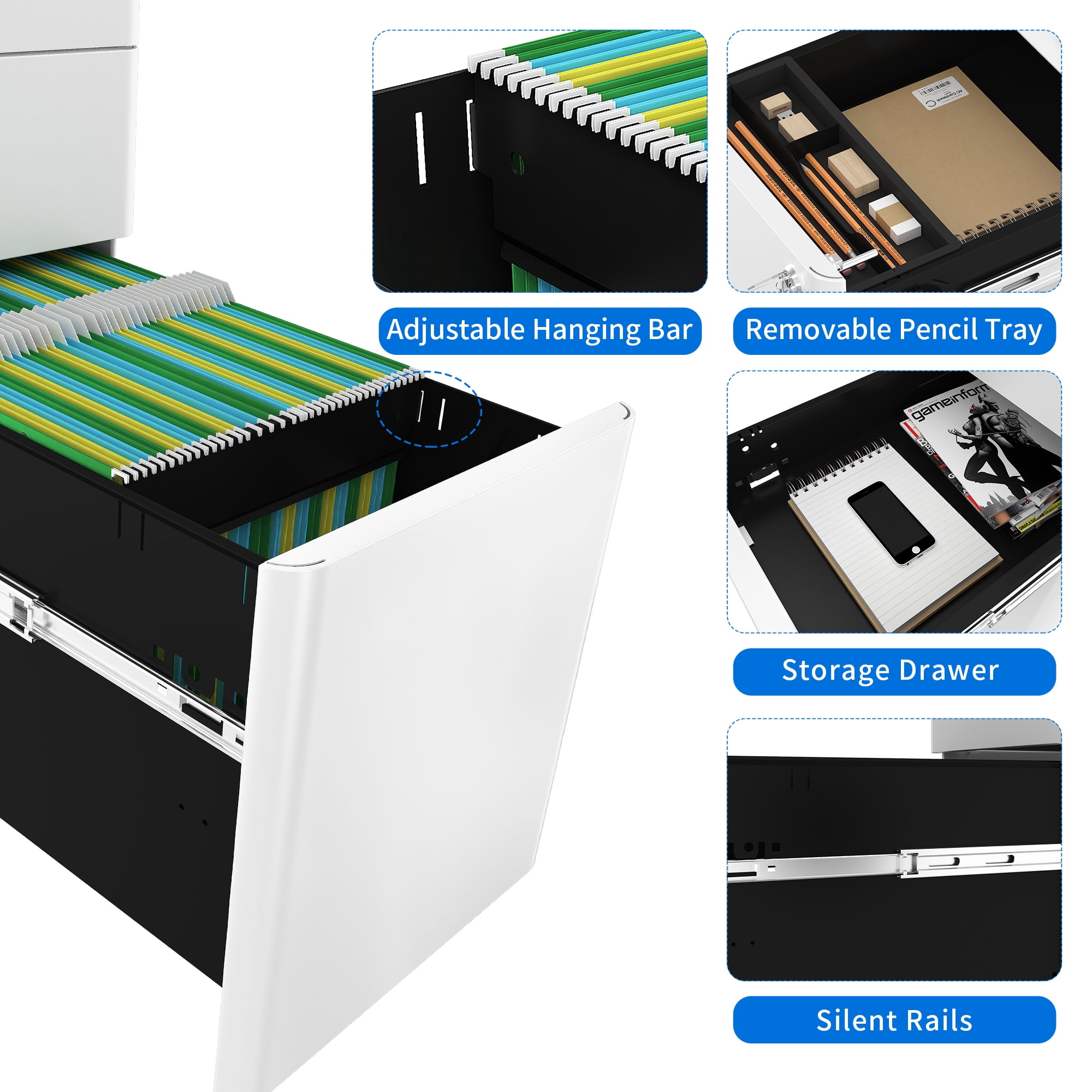 Dextrus 3-Compartment Secure Locking File Cabinet, Mobile Steel Office Document Storage, Suitable for Legal/Letter Sized Files, Pre-Built Cabinet for Under-Desk Placement, White
