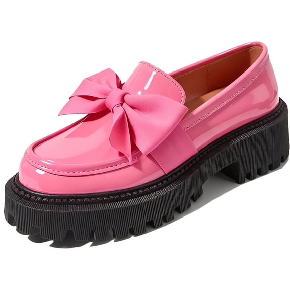 SACFOF Patent Leather Loafers for Women Slip-On Platform Chunky Heel Bow Loafers Dress Oxfords Shoes Casual Business Work Shoes
