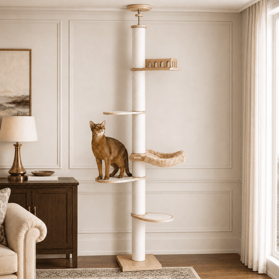 NONTA Floor-to-Ceiling Cat Tree, Adjustable 88–107 in Wooden Cat Tower with Hammock, Perches & Sisal Scratching Posts, Natural White