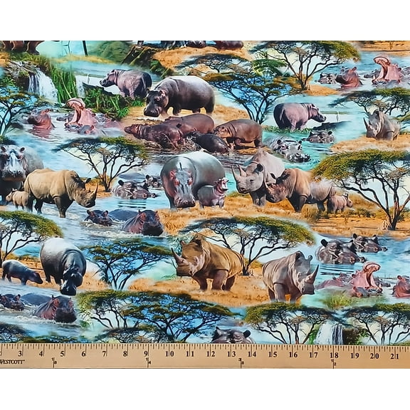 Cotton Serengeti Plains Crash and Thunder Hippos Rhinos Animals Wildlife Africa Michael Miller Fabrics Cotton Fabric Print by the Yard (dcx11959-azur-d)