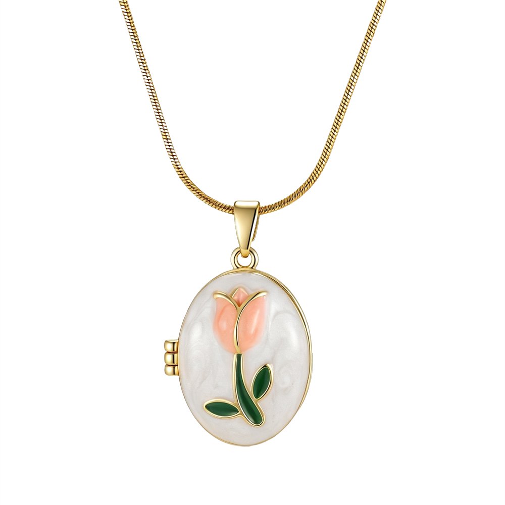 PAMTIER Women Vintage Tulip Openable Photo Locket Pendant Necklace Oval Picture Memorial Charm Floral Ladies Keepsake Jewelry Gift Stainless Steel Gold-Plated White