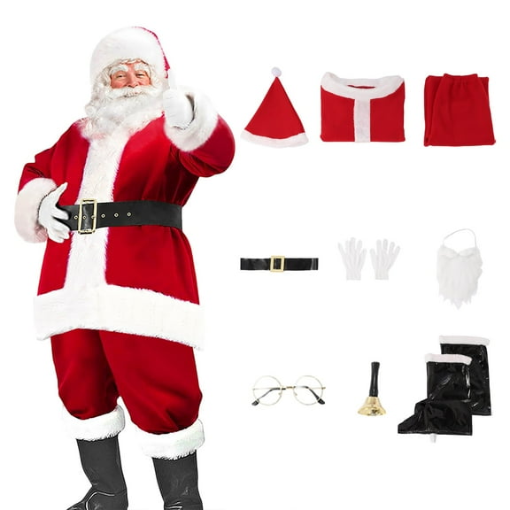 Men's Deluxe Santa Suit Christmas Adult Santa Claus Outfit 9 Piece Jacket   Pants   Boot Covers   Hat   Gloves   Beard   Belt   Bells   Glasses XXL Red