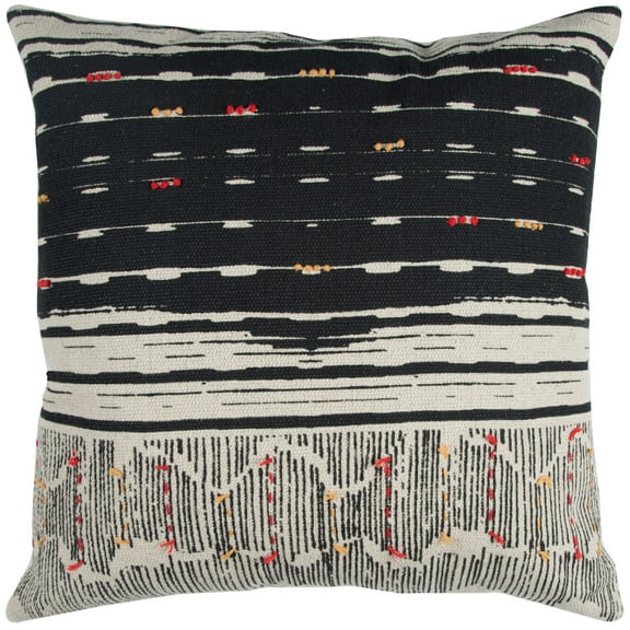 Rizzy Home Natural Boho French Knotted/Abstract Striped Cotton Decorative Throw Pillow, 22" x 22", Black