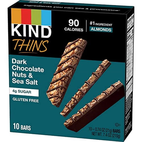 KIND THINS DarkEGSC Chocolate Nuts & Sea Salt Bars (Now with Peanuts), Gluten Free, 4g Sugar, 0.74 oz bars, 10 count