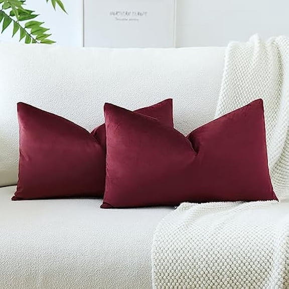 Eryueer Set of 2 Velvet Soft Solid Cushion Covers 30x50 cm Decorative Throw Pillow Covers Soft Lumbar Cushion Case Couch Home Decor Throw Pillow Cases for Sofa Bedroom 12x20 Inch (Wine Red)