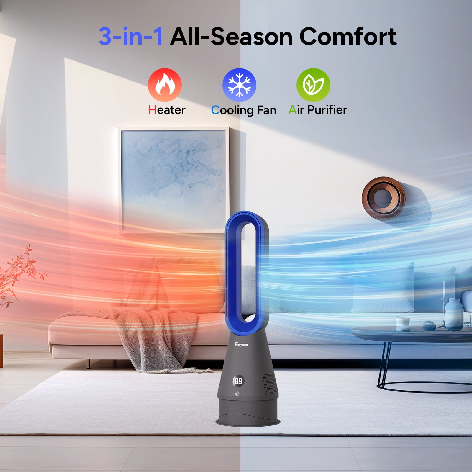 Faryuan 3-in-1 Bladeless Tower Fan & Space Heater with Filter, 80° Oscillating 10-Speed Cooling Fan with Remote, 9H Timer for Large Room, Blue