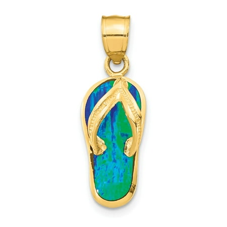 - 14k Yellow Gold Polished w/Created Blue/Green Opal Flip Flop Pendant