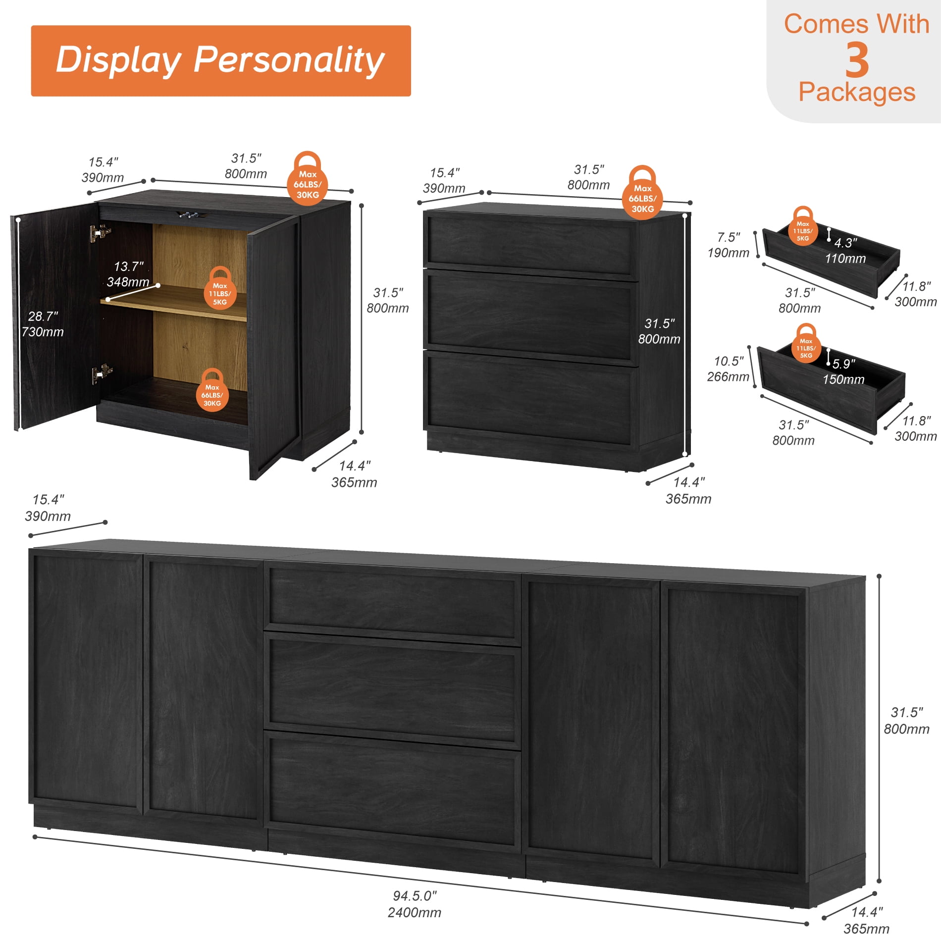 94.5" Modern Sideboard Buffet Cabinet with 3 Drawers and Adjustable Shelf, Multifunctional Sideboard with Large Storage and Adjustable Shelf