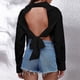 thumbnail image 4 of Loose Fit Blouse Long Sleeves Backless Pure Color V Neck Fashionable Women Casual Shirt Black XL, 4 of 6