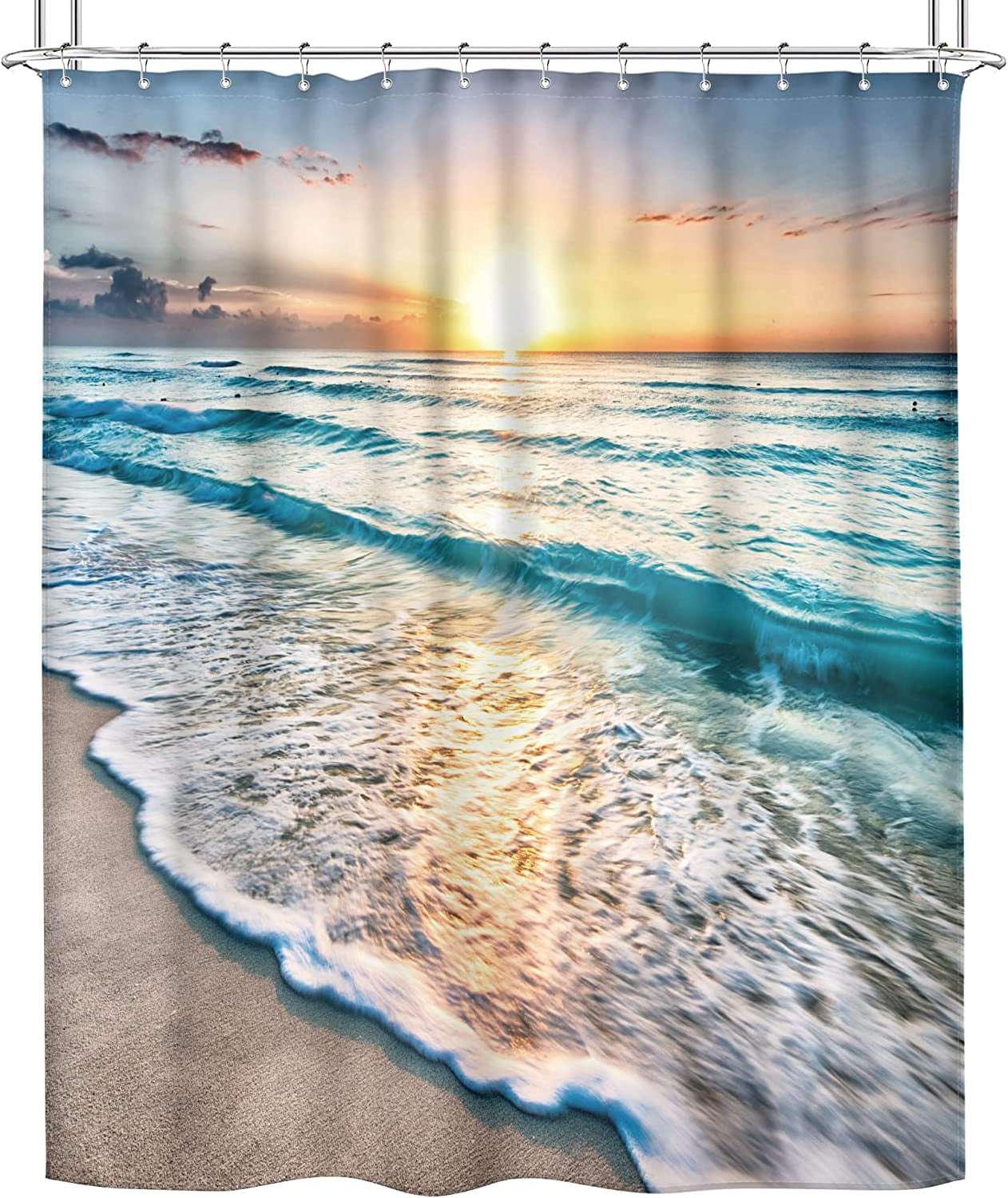 Ocean Coastal Hawaiian Sunrise Shower Curtain 72x84 Inch Sea Wave Summer Beach Seaside Scene Island Blue Fabric Set Waterproof 12 Pack Hooks BB-JWXP