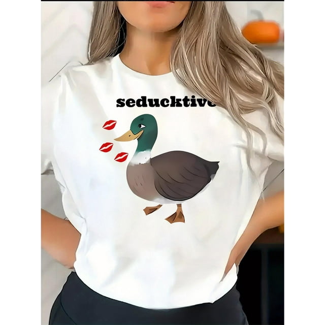 1pc Women'S Casual Crew Neck T-Shirt with Seductive Duck Print, Polyester Knit Fabric, Medium Stretch, Animal Pattern, All-Season Comfort Fit