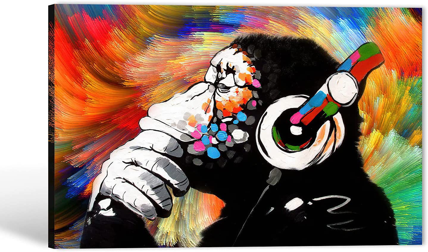 Banksy Canvas Wall Art,Graffiti Canvas Wall Art,Colorful Banksy Graffiti  Street Wall Art,Colorful Graffiti Modern Wall Art,Monkey Listening to Music Art  Painting for Bedroom Decor 12x18 Inches