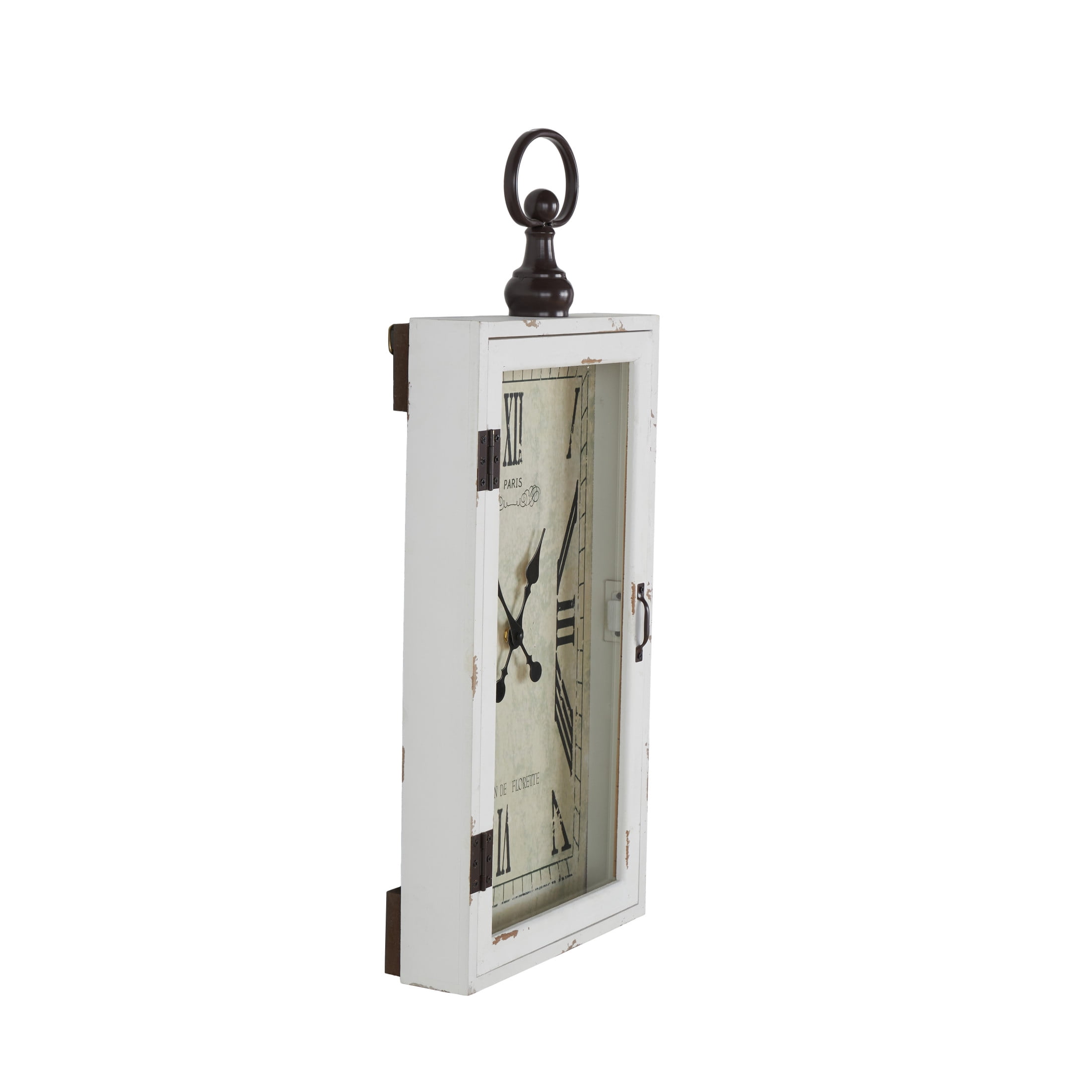 DecMode 12" x 28" White Wooden Vintage Pocket Watch Style Wall Clock with Hinged Door