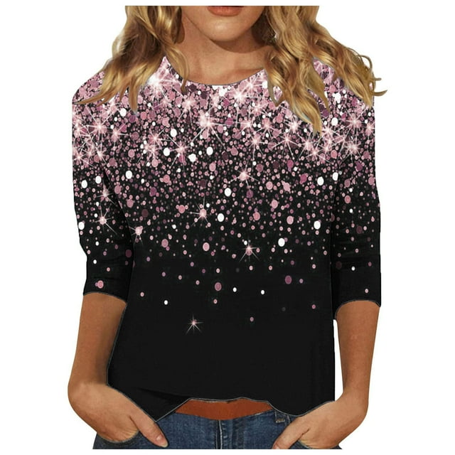 Bowake Chemises Brillantes à Manches 3/4 pour Femmes, Col Rond Décontracté, Tops Scintillants d'Été, Blouses de Soirée pour Dames