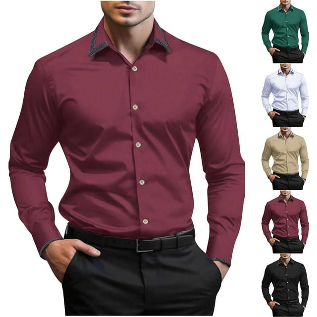 Txeol Chemises Habillées pour Hommes à Manches Longues Extensibles Sans Plis, Style Affaires Décontracté, Col Contrastant, Chemise Boutonnée, Vert Armée, m