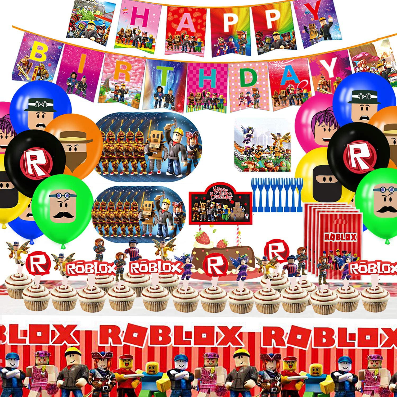 105 Pcs Roblox Birthday Party Supplies Robot Blocks Party Decorations Banners Cake Topper Plates Forks Gift Bags Cupcake Toppers Tablecover Napkins And Balloons Walmart Com Walmart Com