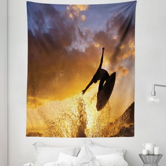 Beach Tapestry, Jumping Pose Surfer Sunset Time Cloudy Sky Ocean Splashing Water, Fabric Wall Hanging Decor for Bedroom Living Room Dorm, 5 Sizes, Purpleblue Orange and Brown, by Ambesonne