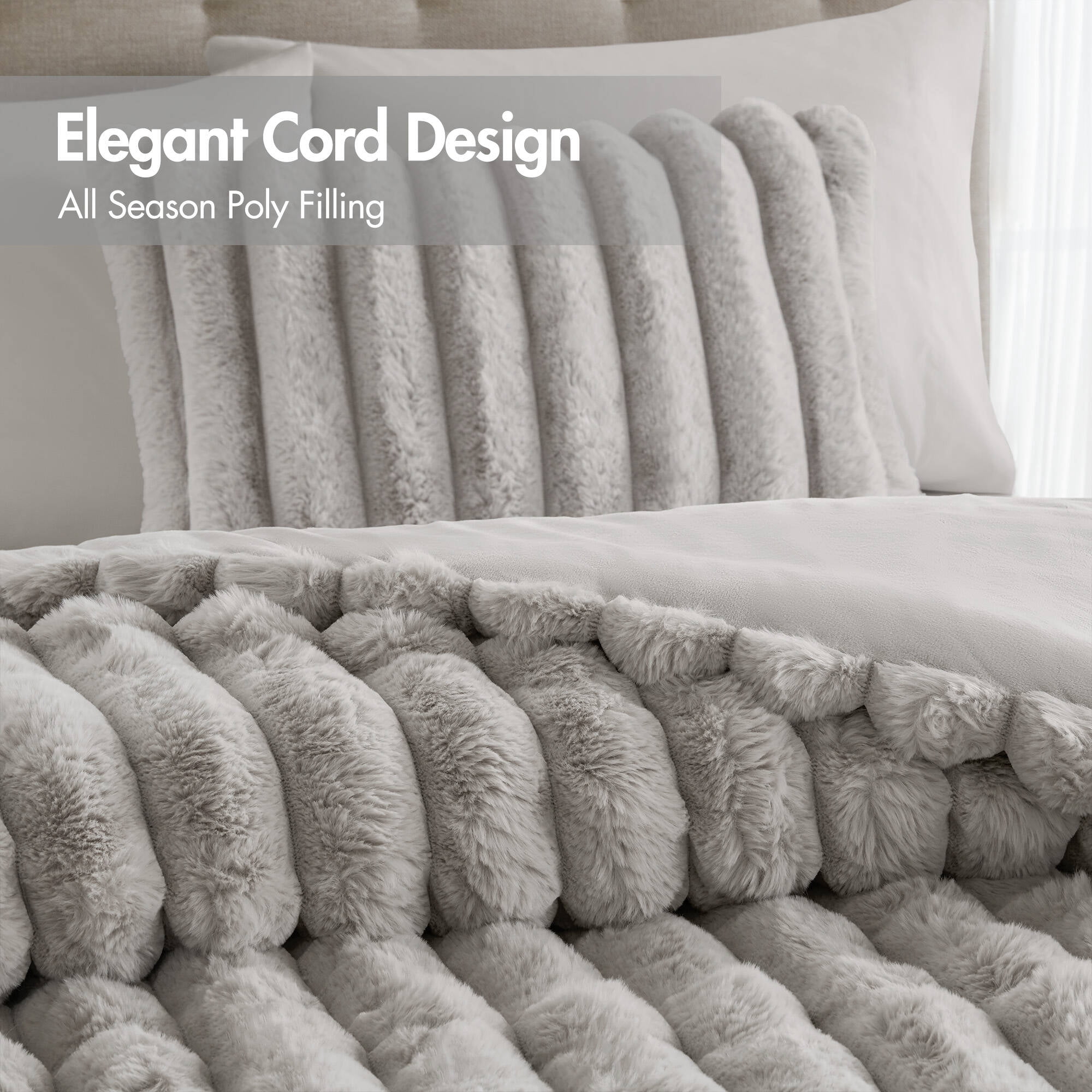 Regency Heights Full/Queen Size Comforter Sets, Light Gray Fluffy Ribbed Plush Bedding Set, 3-Piece Faux Fur Ribbed Bedding Comforter Set