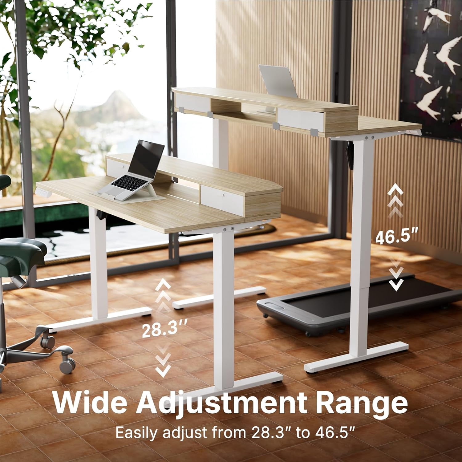 40 x 24 Inch Small Electric Standing Desk with 2 Drawers, Height Adjustable Sit Stand Desk with 4 Memory Settings, Light Walnut