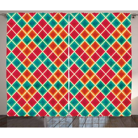 Geometric Curtains 2 Panels Set Vibrant Colored Grunge Rhombus