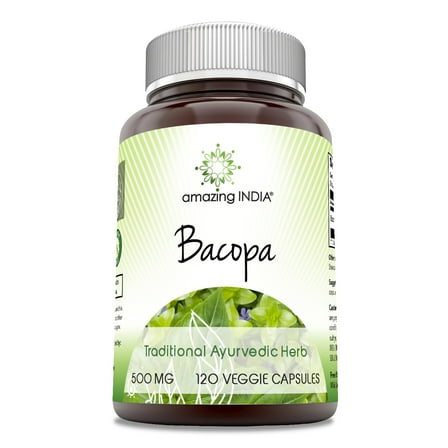 Amazing India Bacopa Powder 500 Mg Per Serving 120 Veggie Capsules Supplement | Non-GMO | Gluten Free | Made in USA