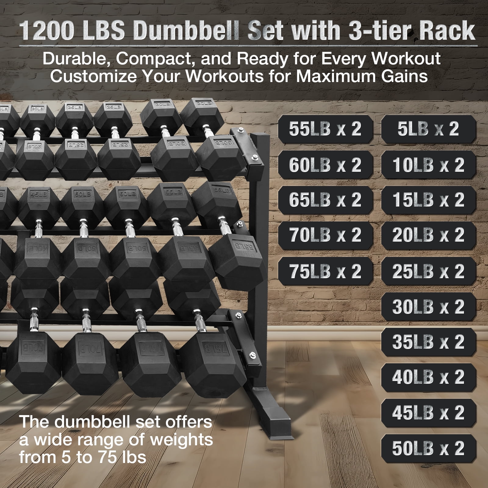 5–75 lbs Dumbbells Weight Set (15 Pairs) with Weight Storage Rack, 1200 lbs Hex Dumbbell Sets, Gyms Weights Dumbbells Sets with Rack, Weight Set for Home Gym, Strength Training