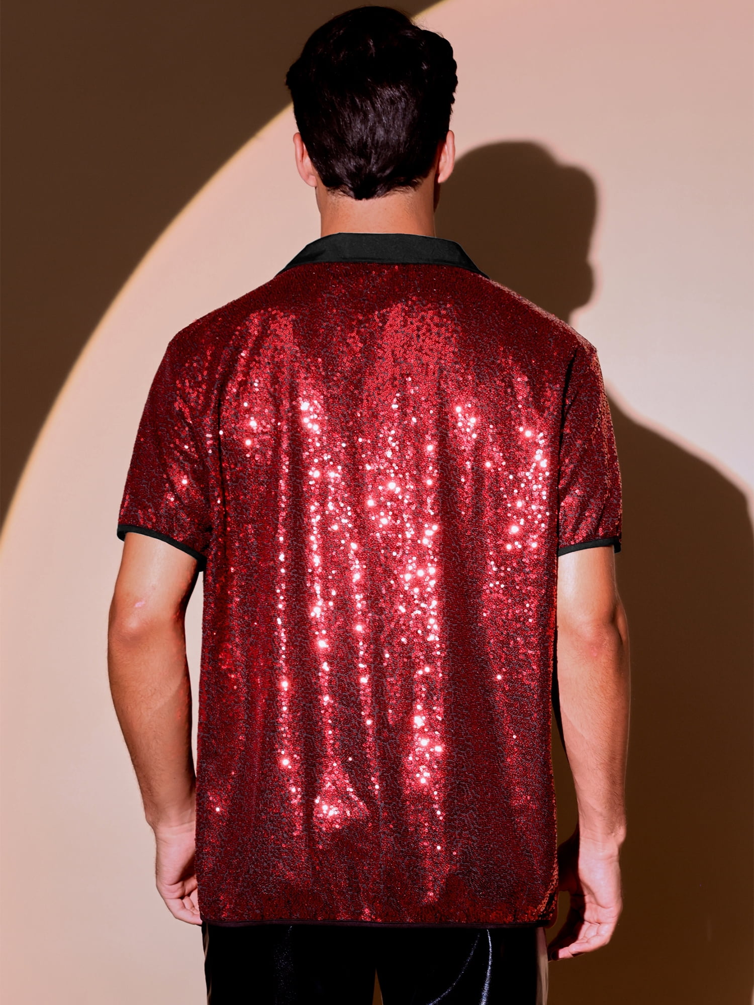 DARING DIVA Men's Sequins Camp Collar Short Sleeve Button Down Shiny Shirt 2XL Red