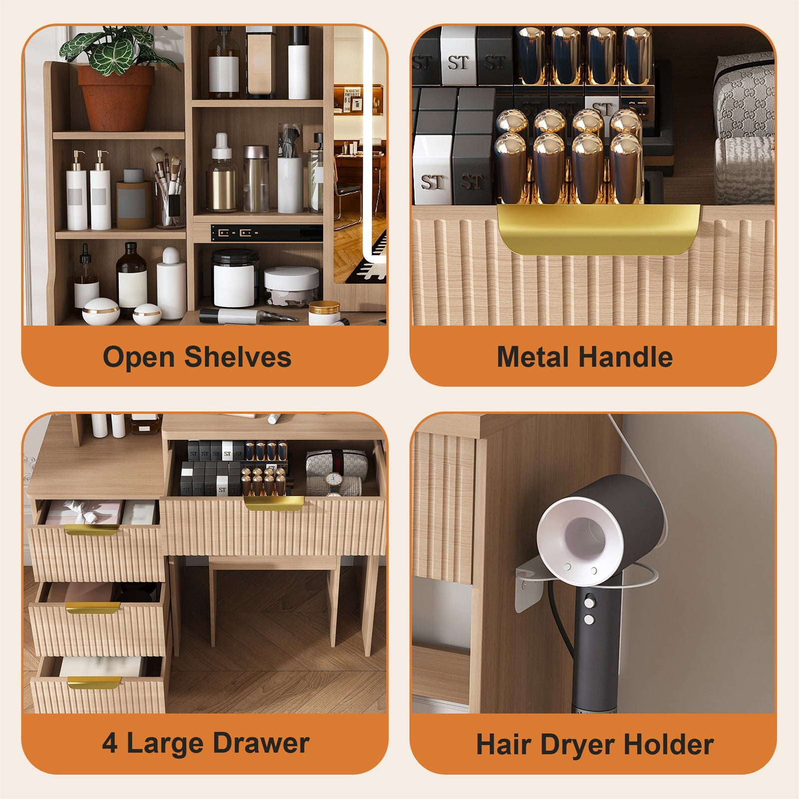 Hommoo Modern Fluted Vanity Desk Set, Makeup Vanity Dressing Table with Adjustable Brightness LED Lighted Mirror, 4-Drawer and Storage Shelves, Hair Dryer Holder and Power Socket, and Stool, Walnut