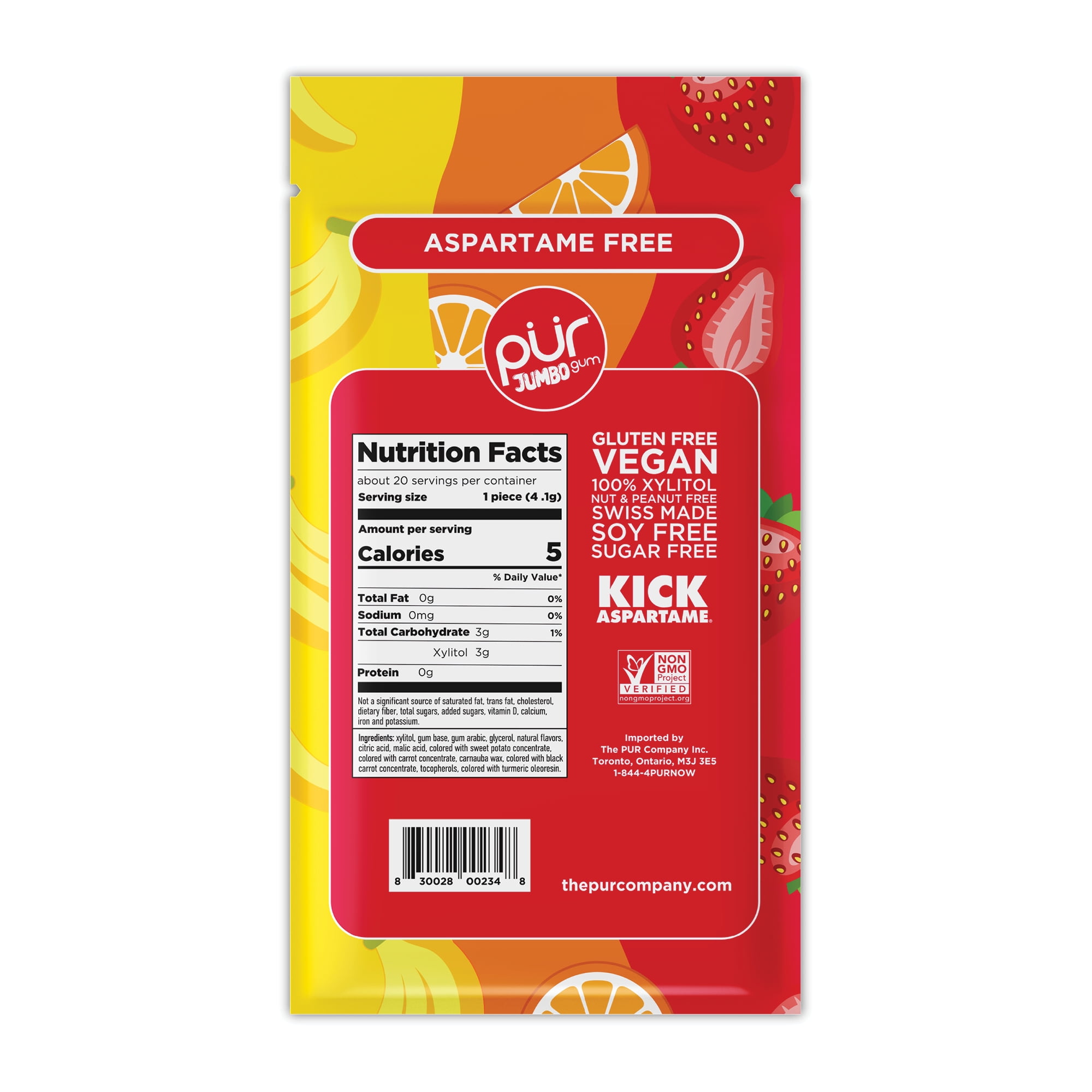 PUR Jumbo Gum, Aspartame Free, Sugar Free & 100% Xylitol, Natural Strawberry, Banana, Orange Flavor, 20 Pieces, Pack of 10