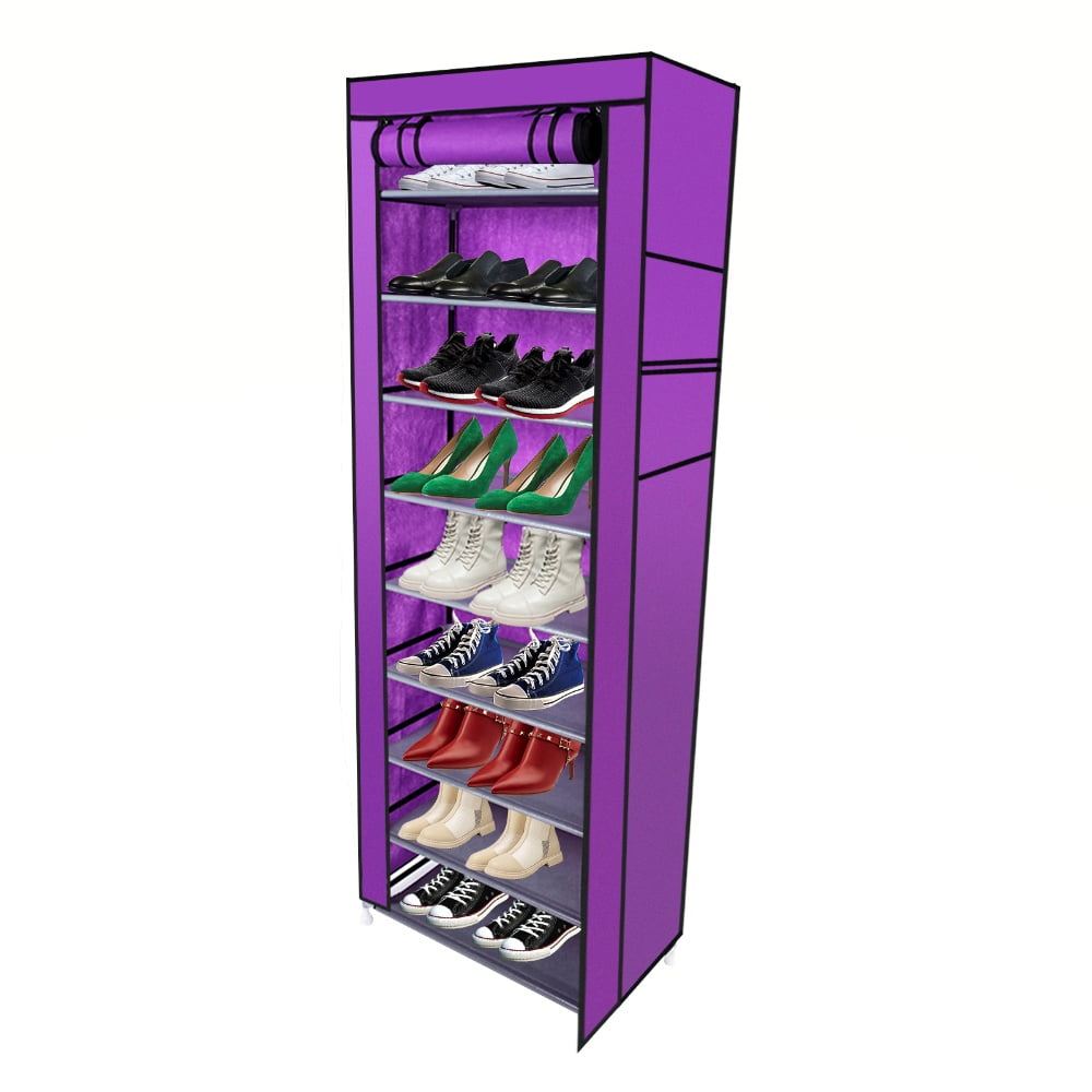 Hassch Shoe Rack with Cover and Side Pockets, 10-Tier Large Capacity Tall Shoe Shelf, Free Standing Storage Organizer for Entryway, Closet, 22.83"L x 11.4"W x 63"H, Purple