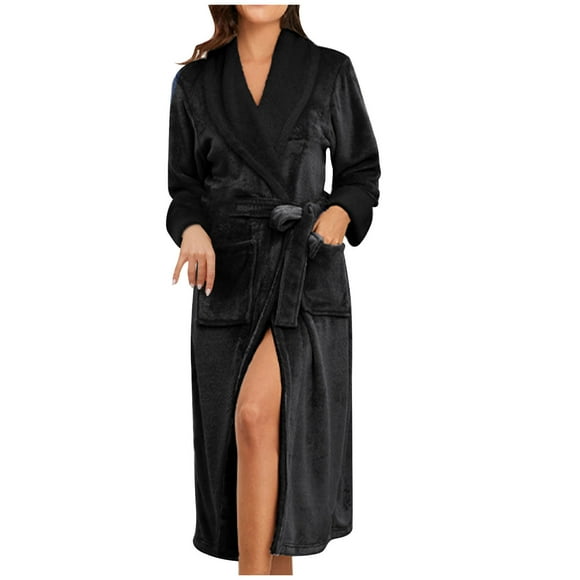 AherBiu Womens Robes Lightweight Full Length Fleece Sexy Robe Plush Warm Soft Long Bathrobe with Belt
