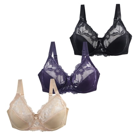 Gkeoshab Bras for Women 3PC Women s Plus Size DEF Cup Lace Mesh Bras Breathable Full Coverage Bra P 100D