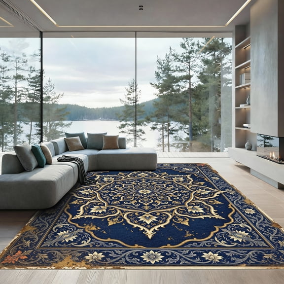 ODIKA 4'x6' Machine Washable Non-Slip Area Rug, Oriental Navy Blue High Traffic Rug, Blue, 1009434