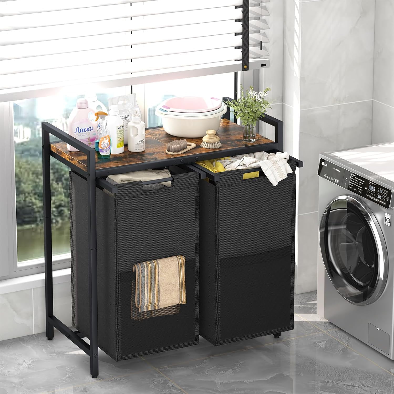 aboxoo Laundry Hamper, double Laundry Basket, Laundry Sorter with Top Shelf & 2 Removable Washable Bags & Side Pockets for Laundry Room organization, Bathroom and Dorm, Rustic Brown and Black