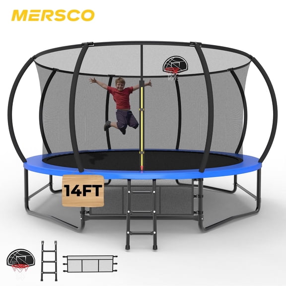 Mersco 14ft Trampoline for Kids and Adults, Pumpkin Outdoor Trampoline with Basketball Hoop,Enclosure Net and Storage Bag, Jumping Trampoline SPACE for Boys and Girls Birthday Gift,Blue