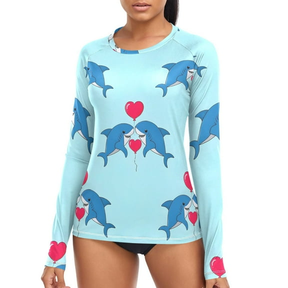 joogoo Womens UPF 50 Rash Guard Shark and Hearts Long Sleeve UV Protection Sun Shirts Tops S