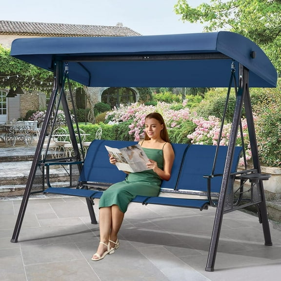 3 Seat Patio Swing, Outdoor Swing with Textilene Backrest & 2 Cup Holders,Outdoor Patio Swing with Adjustable Canopy for Backyard, Porch, Garden,Square Tube B (Blue)