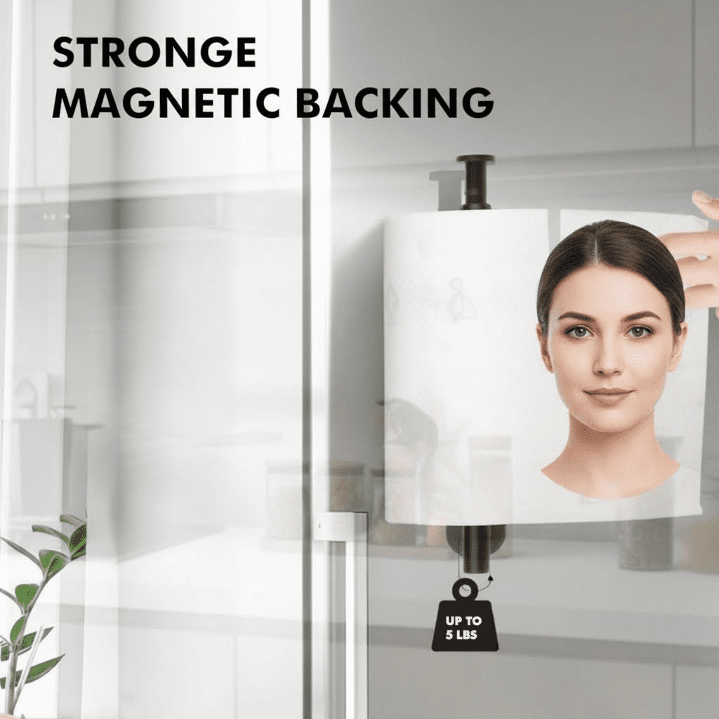 One Hand Operated Magnetic Paper Towel Holder with Self Adhesive & Strong Magnetic Backing for Kitchen, Refrigerator, Grill, RV - Easy Wall Mount, Black