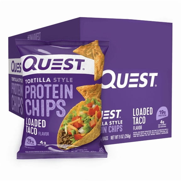 Quest Tortilla Style Protein Chips, Loaded Taco Flavor, High Protein Snack, 1.1 oz Bags, 8-Count