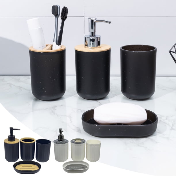 Juego de cuatro piezas de baño de plástico | Soporte para cepillo de dientes | Vaso de enjuague bucal | Dispensador de jabón | Caja de jabón | Accesorios de baño modernos | Blanco o Negro | ABS