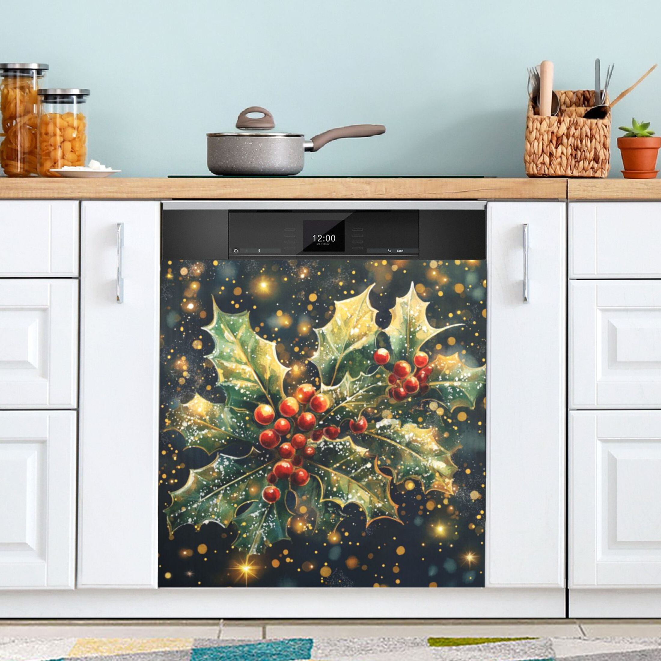 Dishwasher Magnetic Sticker 23x26 Inch Refrigerator Magnetic Sticker Washing Machine Magnetic Sticker Kitchen Panel Magnetic Sticker Home Decor Holly and Mistletoe Patterns