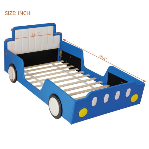 Twin Size Race Car Shaped Platform Bed with Wheels and Safety Rails, Blue