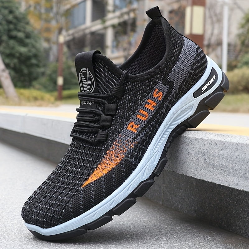 Men'S Breathable Mesh Sneakers with Rubber Sole - Lightweight Low-Top Design for Hiking & Casual Wear, Black & Orange Accents, Lace-Up Closure, Spring/Summer Outdoor Shoes, Hiking Footwear, Stylish