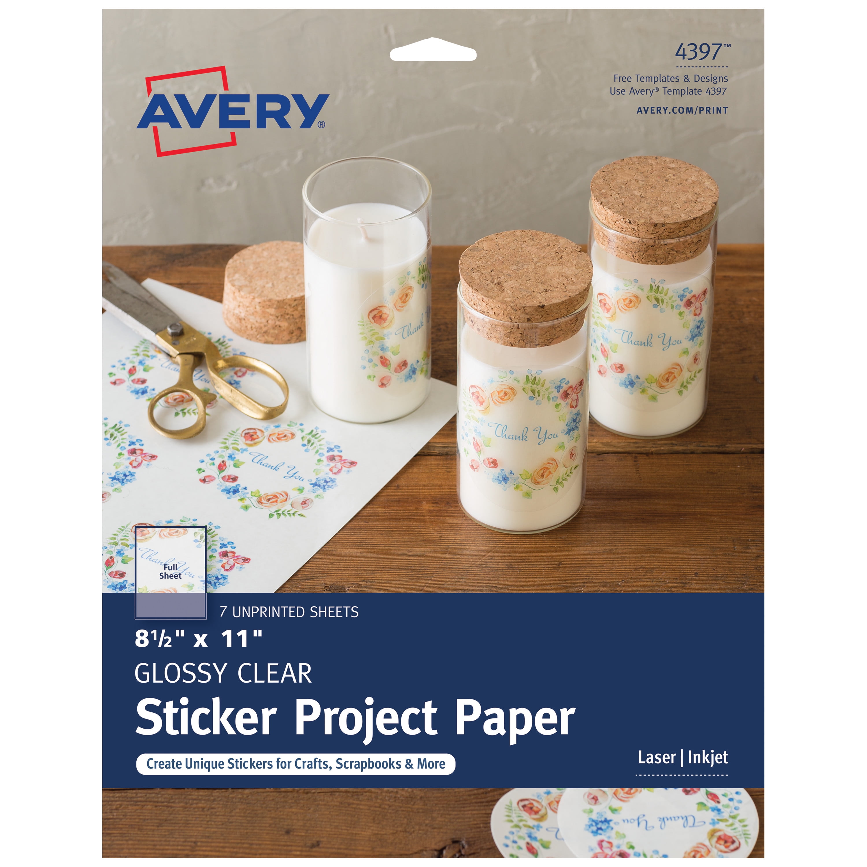 Avery Printable Sticker Paper, Glossy Clear, 8.5" x 11", Laser & Inkjet