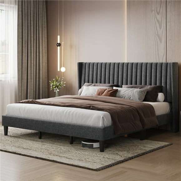 Yaheetech Upholstered Platform Bed Frame with Channel Headboard, King, Dark Gray