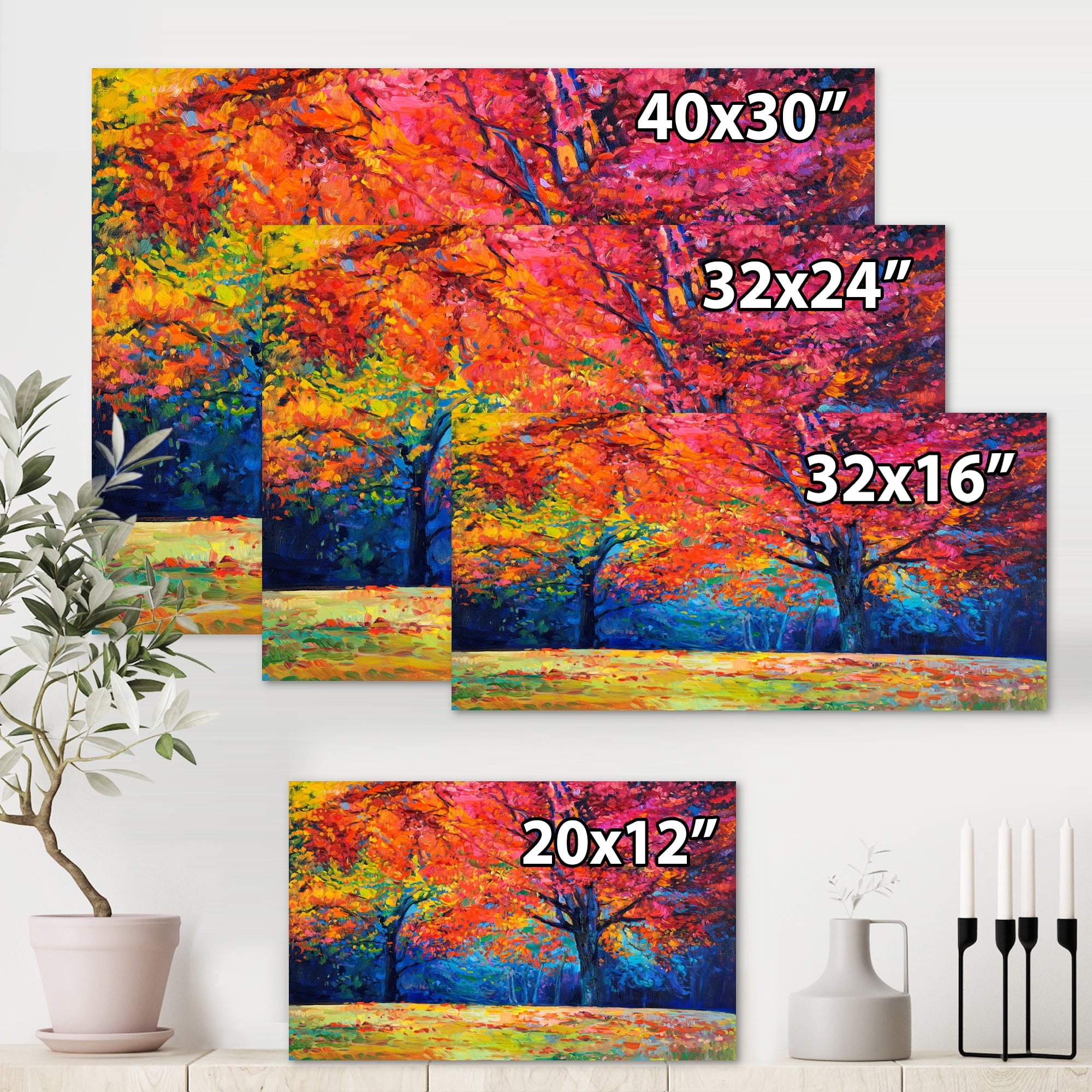 Designart ' Abstract Vibrant Red Tree In Autumn Landscape ' Traditional Canvas Wall Art Print