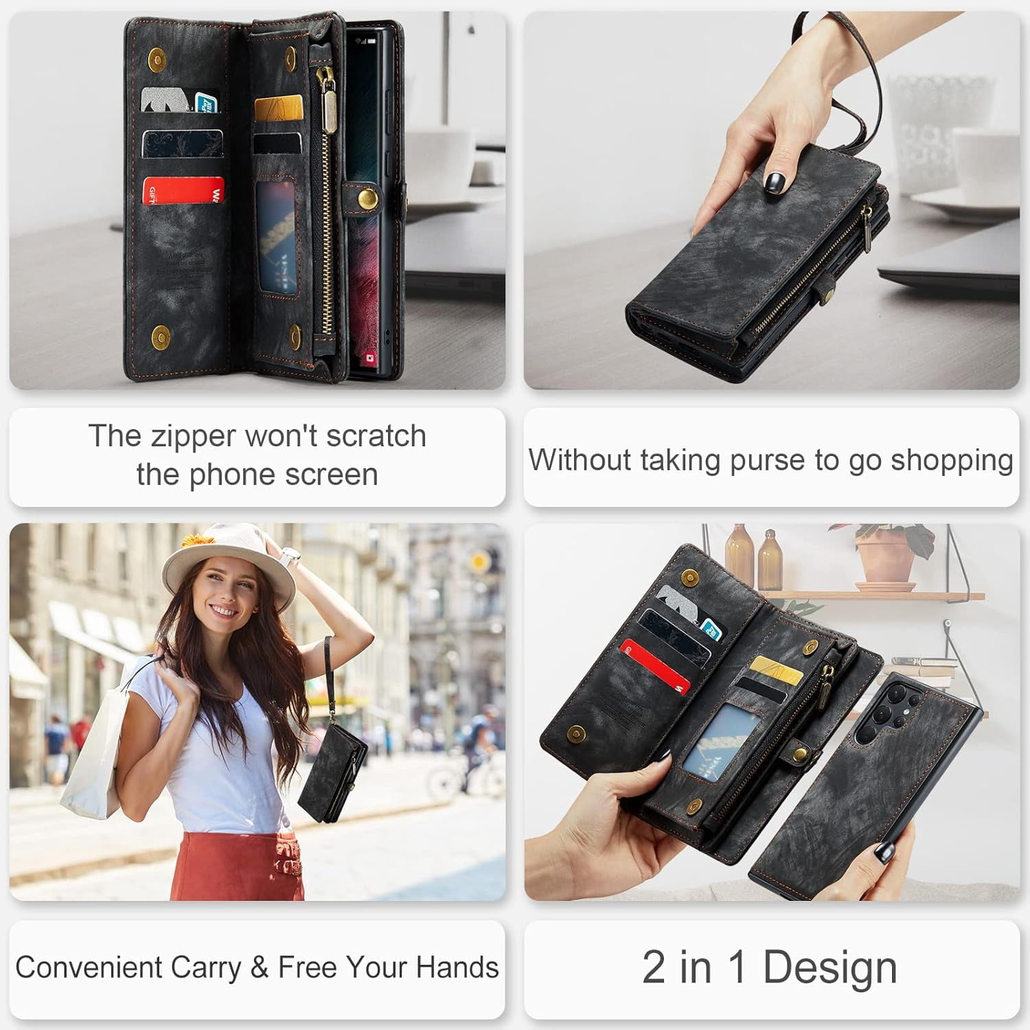 Phone Case for Samsung Galaxy S22 Ultra 5G Zipper Wallet Cover with Tempered Glass Screen Protector and Flip Card Holder Cell Accessories Gaxaly S22ultra 22S S 22 22ultra G5 Women Men Black