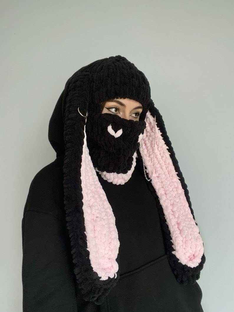 Y2k Knit Balaclava Face Mask for Women Men Bunny Ear Horn Ski Scarf Winter Warm Hat Knit Skull Beanie for Halloween