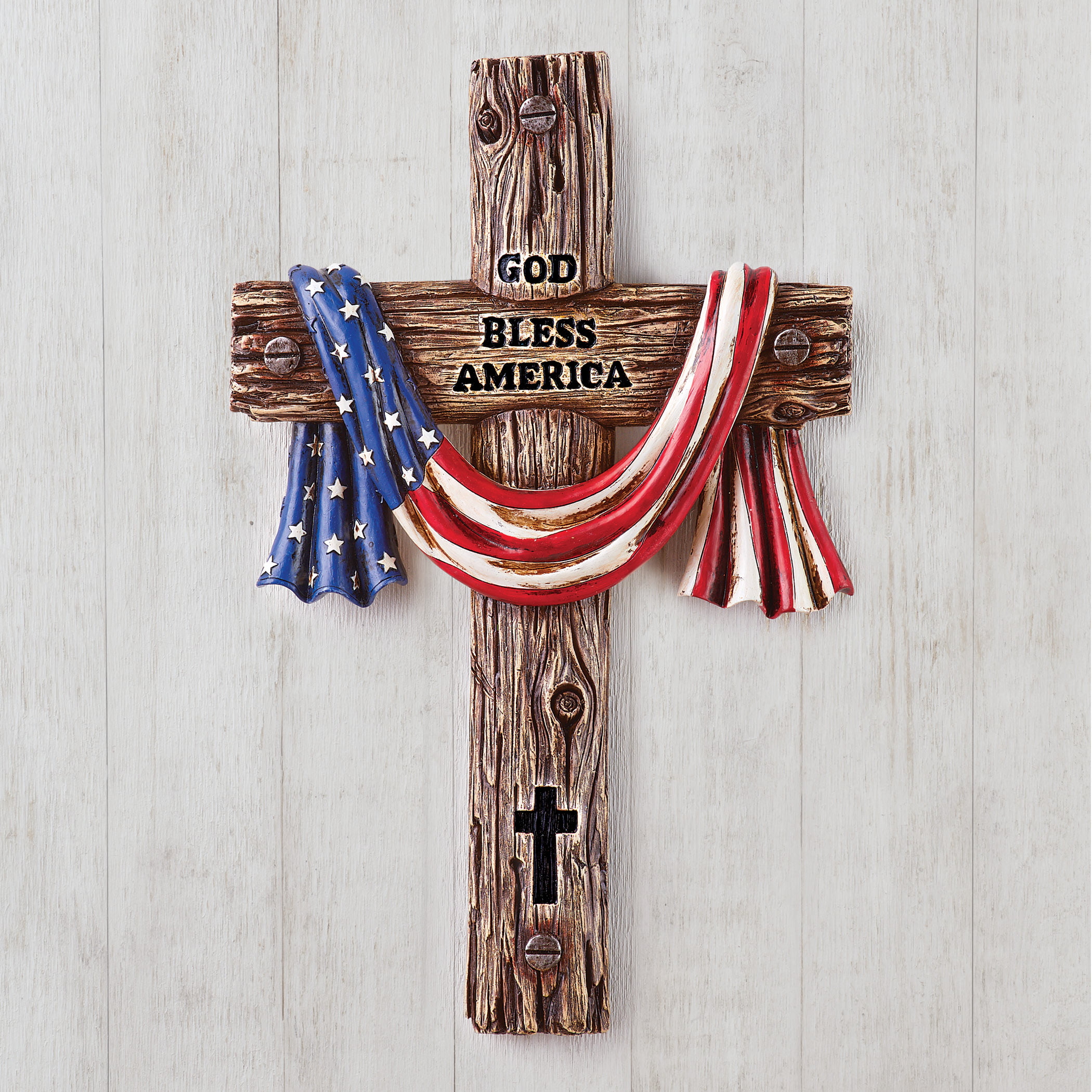 God Bless America Hand-Painted Cross with Draped Flag Hand-Painted Wall Déc...