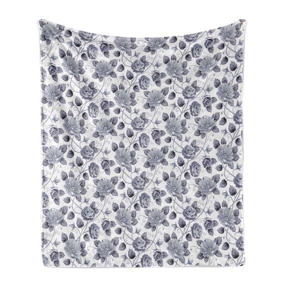 Grey Soft Flannel Fleece Blanket, Floral Patterns Victorian Inspired Roses with Dark Flowers in Monochrome Graphic Print, Cozy Plush for Indoor and Outdoor Use, 50" x 60", Grey White, by Ambesonne